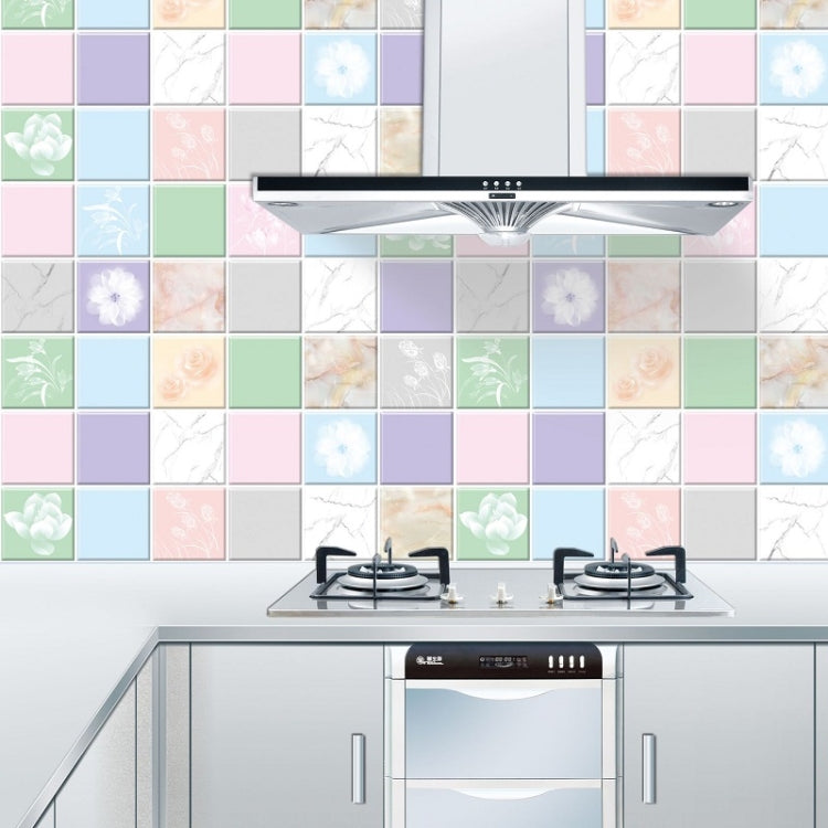 Kitchen anti-smoke tile wall stickers installed on backsplash with multicolor square pattern