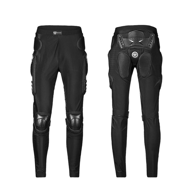 Black motorcycle riding trousers shown from side, with hip and knee protective armor.