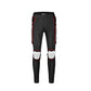 Black motorcycle riding trousers with red piping and white knee armor panels.