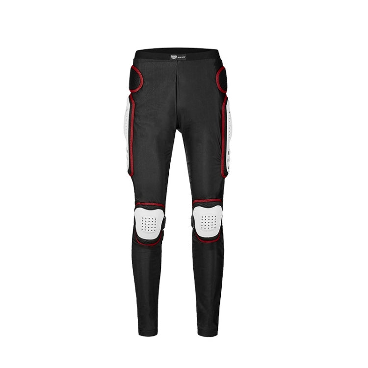Black motorcycle riding trousers with red piping and white knee armor panels.