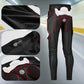 Black motorcycle hip and knee protective pants with red trim and perforated white armor.