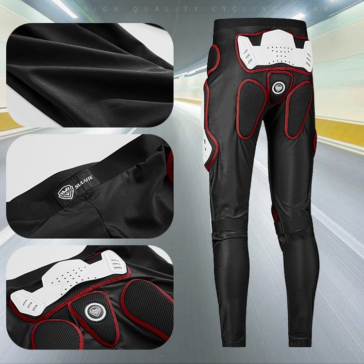 Black motorcycle hip and knee protective pants with red trim and perforated white armor.
