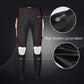 Black motorcycle riding trousers with white knee pads, red piping, and side protection panels.