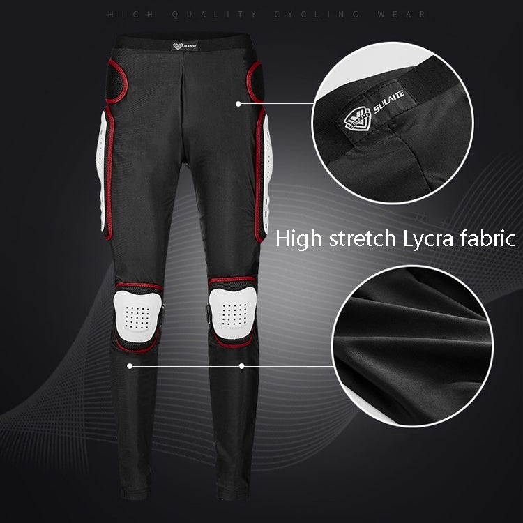 Black motorcycle riding trousers with white knee pads, red piping, and side protection panels.