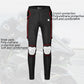 Black motorcycle riding trousers with knee pads and hip protection, finished with red trim.