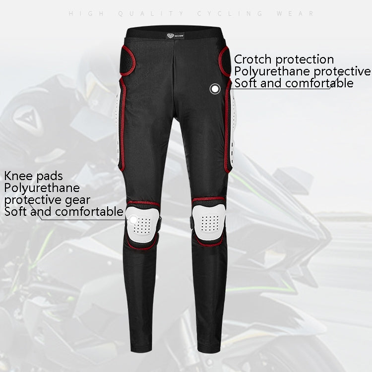 Black motorcycle riding trousers with knee pads and hip protection, finished with red trim.