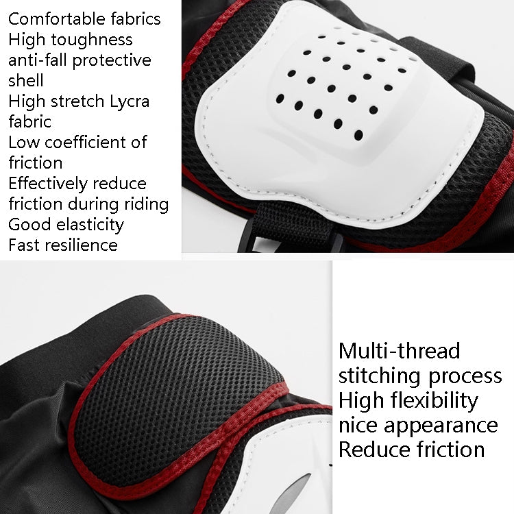 Perforated white knee pad on textured black protective fabric with red edging.