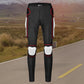 Black motorcycle riding trousers with red trim and white protective knee pads