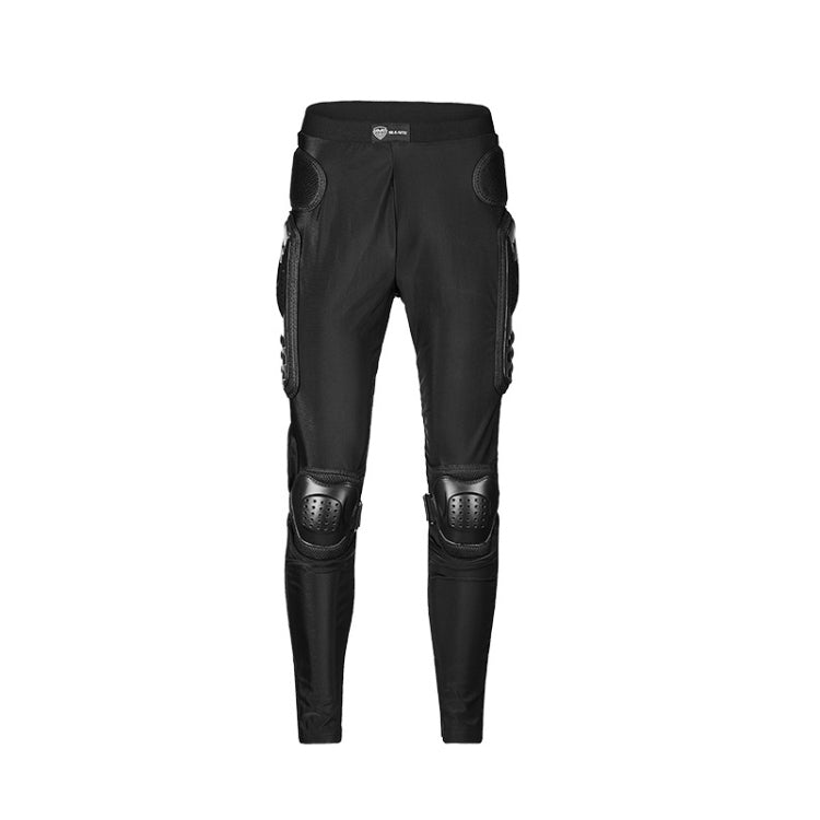Black motorcycle riding trousers with rear protective panels and padded knee protectors.