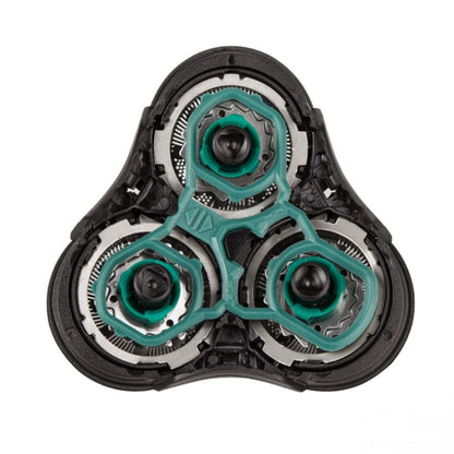 RQ11 razor head with three teal cutters and metal blades, shown disassembled