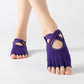 Purple five-finger socks with crisscross strap across the top of the toes