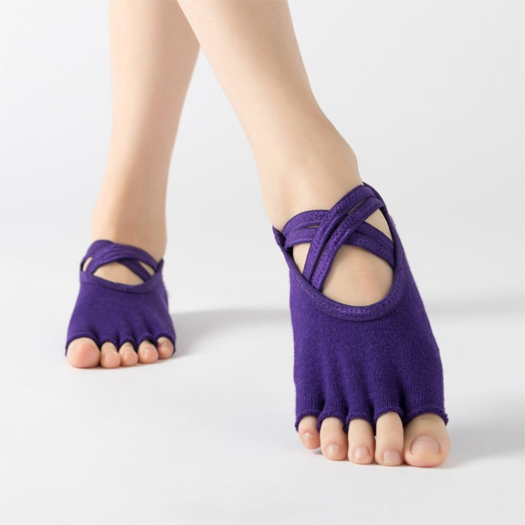 Purple five-finger socks with crisscross strap across the top of the toes
