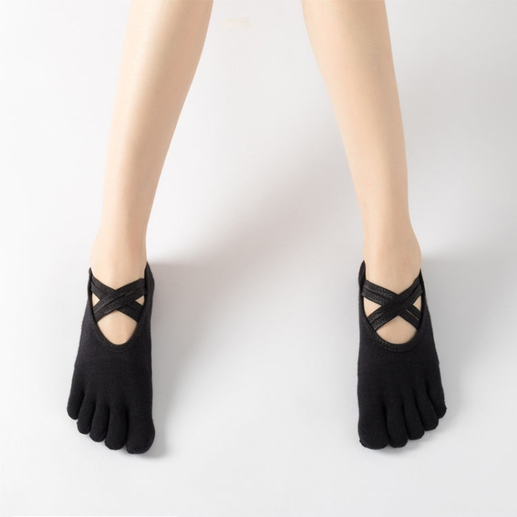 Black five-finger yoga socks with cross strap, full toe