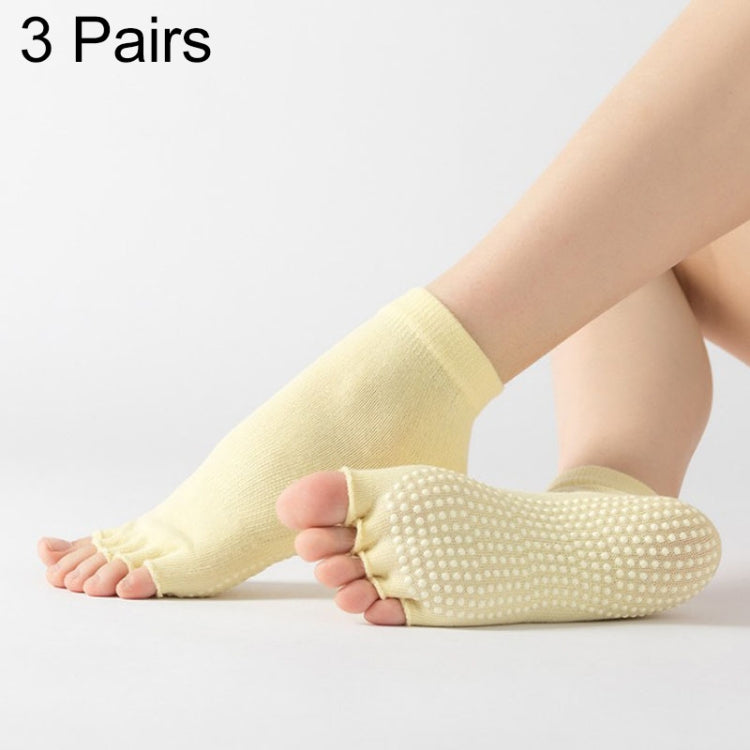 Light yellow open-toe five-finger yoga socks with dotted grip sole, 3 pairs