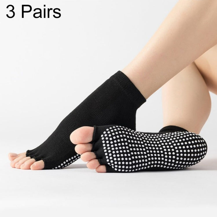 Black open-toe five-finger yoga socks with dotted grip sole, 3 pairs