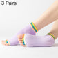 Purple open-toe five-finger yoga socks with dotted anti-slip soles and rainbow cuffs