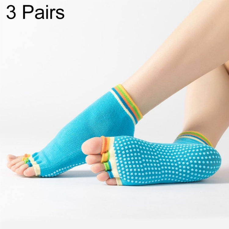 Teal blue open-toe five-finger yoga socks with dotted anti-slip soles and rainbow cuffs