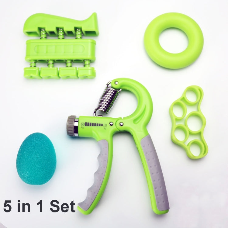 Green 5-piece finger exerciser set with spring grip, rings, foam pad, and finger hole plate