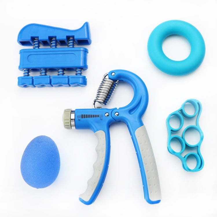 Blue spring finger exerciser set with rings, gripper, foam pad and finger hole plate