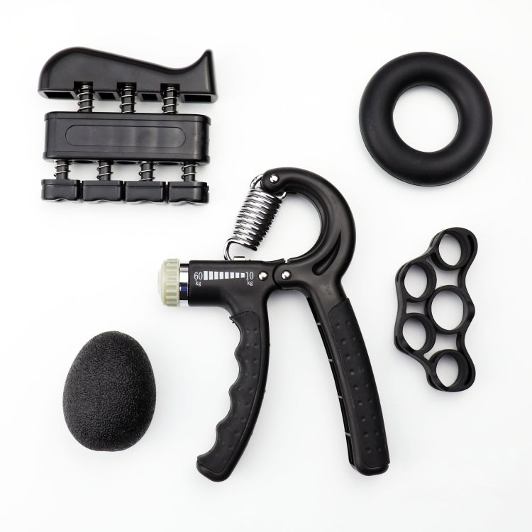 Black spring finger exerciser set with rings, gripper, foam pad and finger hole plate