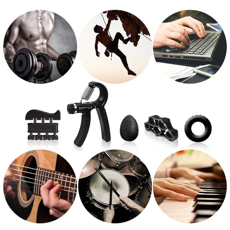 Black spring finger exerciser with foam pad and finger ring attachment on use collage