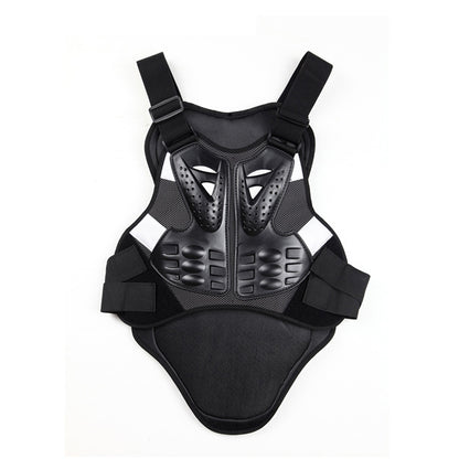 Black motorcycle spine protector vest with padded shoulder straps and vented armor plates