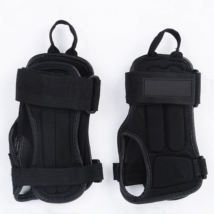 Pair of black padded palm guards with hook-and-loop wrist closures, roller skate style