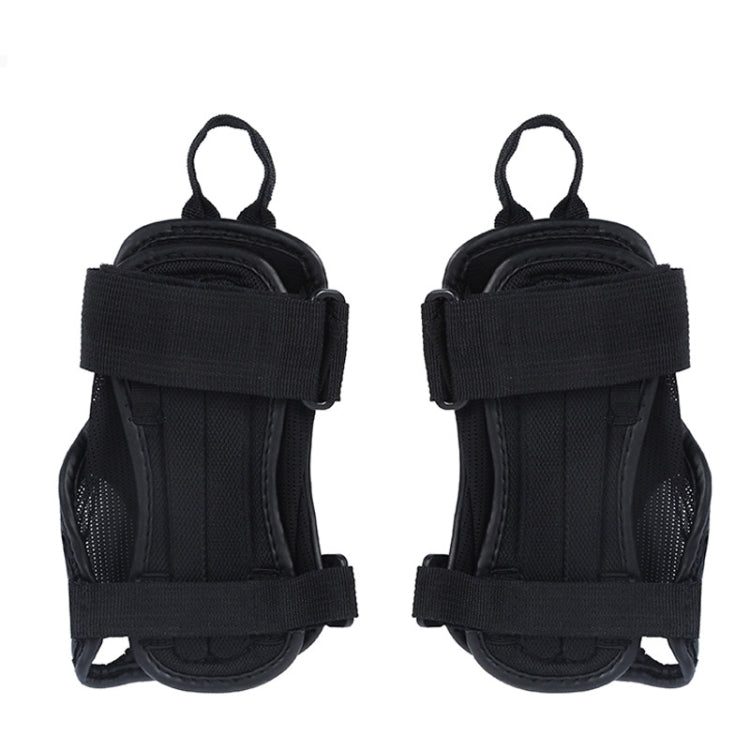 Pair of black wrist-mounted palm guards with breathable mesh side panels and straps