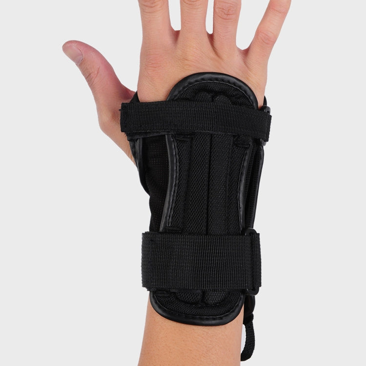 Black palm guard worn on wrist with hook-and-loop strap and padded protective back