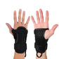 Two hands wearing black palm guards with wrist straps and open thumb design
