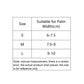 Size chart for sports palm guards showing S, M, L palm width ranges in cm