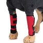 Dog leg guards for knees in red fabric with black wrap straps