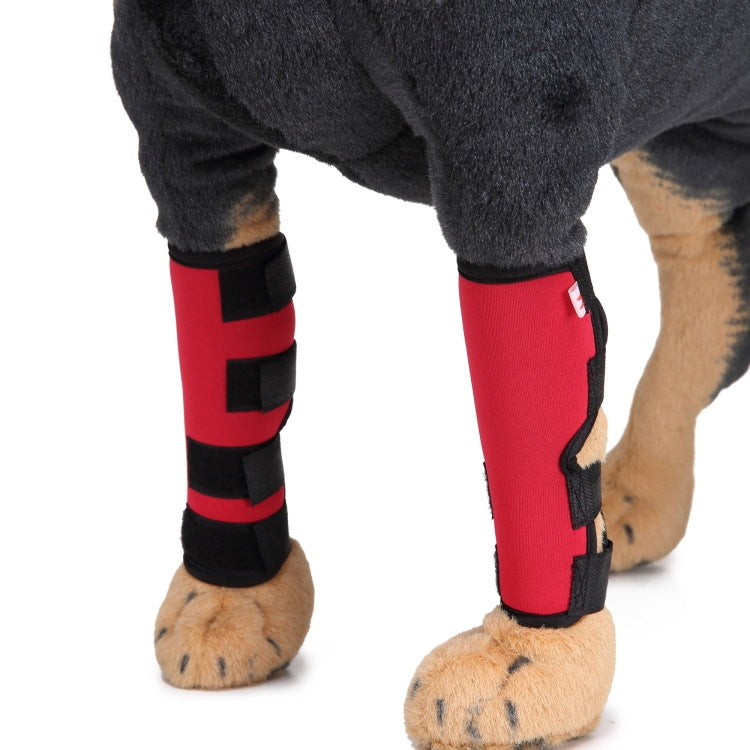 Dog leg guards for knees in red fabric with black wrap straps