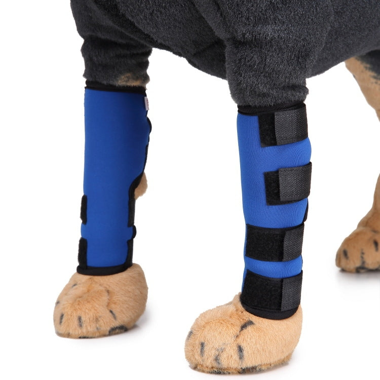 Dog leg guards for knees in blue fabric with black wrap straps