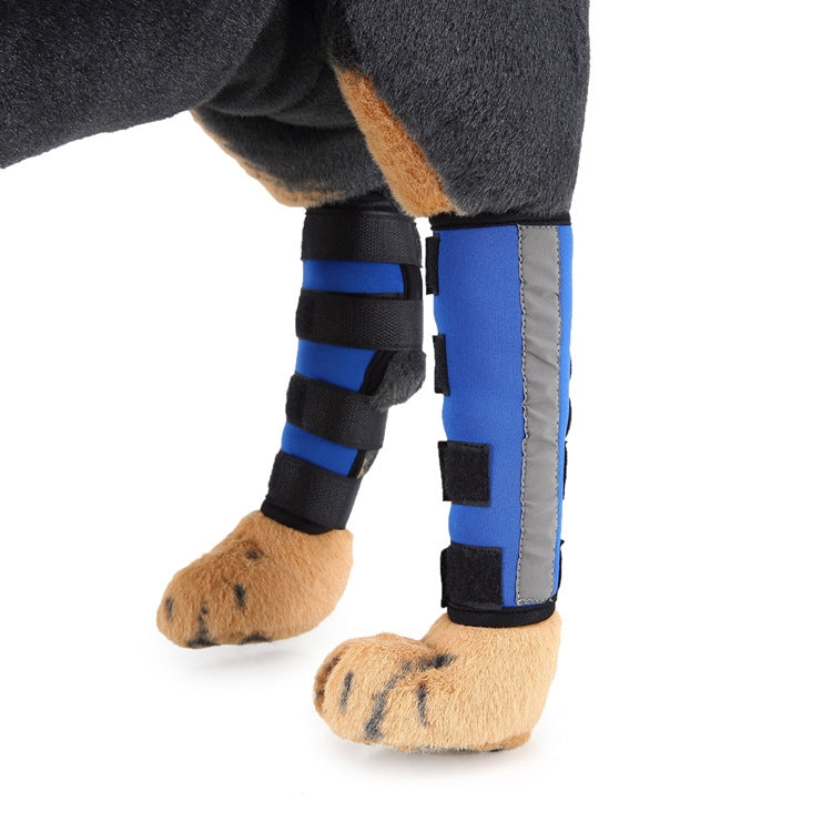 Dog leg guards, blue padded braces with grey side strip and black strap bands
