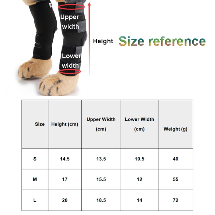 Dog knee pad size reference chart with height and width measurements