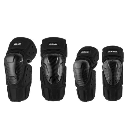 Off-road knee and elbow protective pads set of four, black carbon-fiber style shells