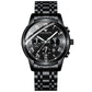 Men's automatic mechanical watch with black steel bracelet and black dial.