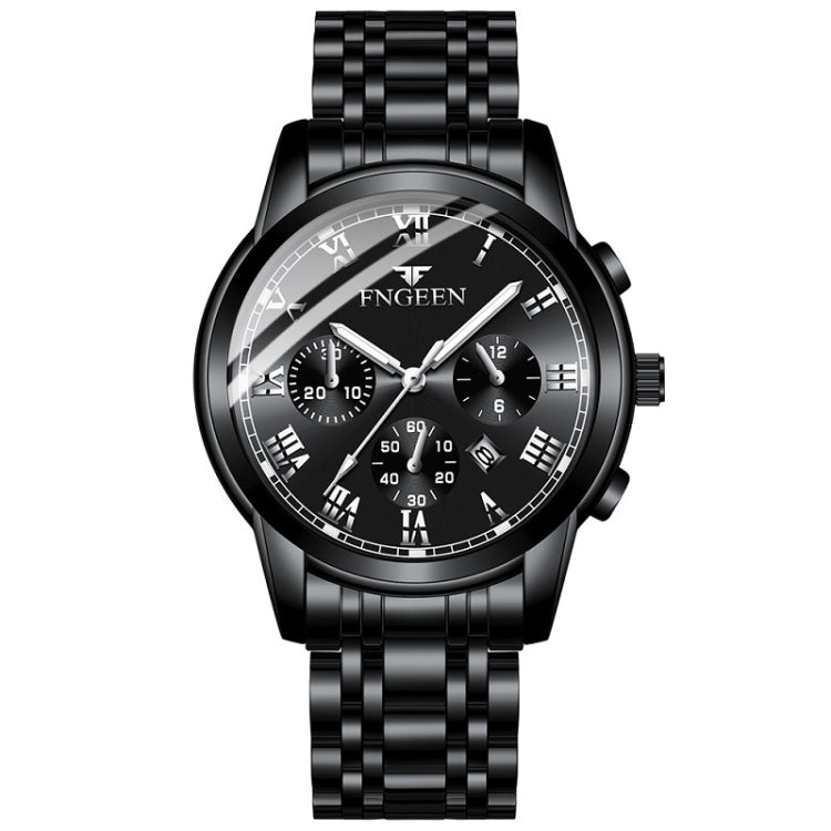 Men's automatic mechanical watch with black steel bracelet and black dial.