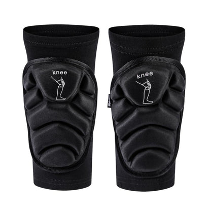 Black fabric knee pads with molded protective cap and knee icon on the front.