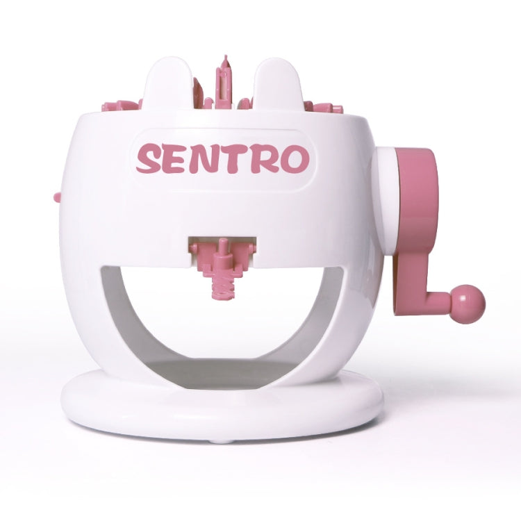 White and pink knitting loom toy machine with handle and circular tension ring
