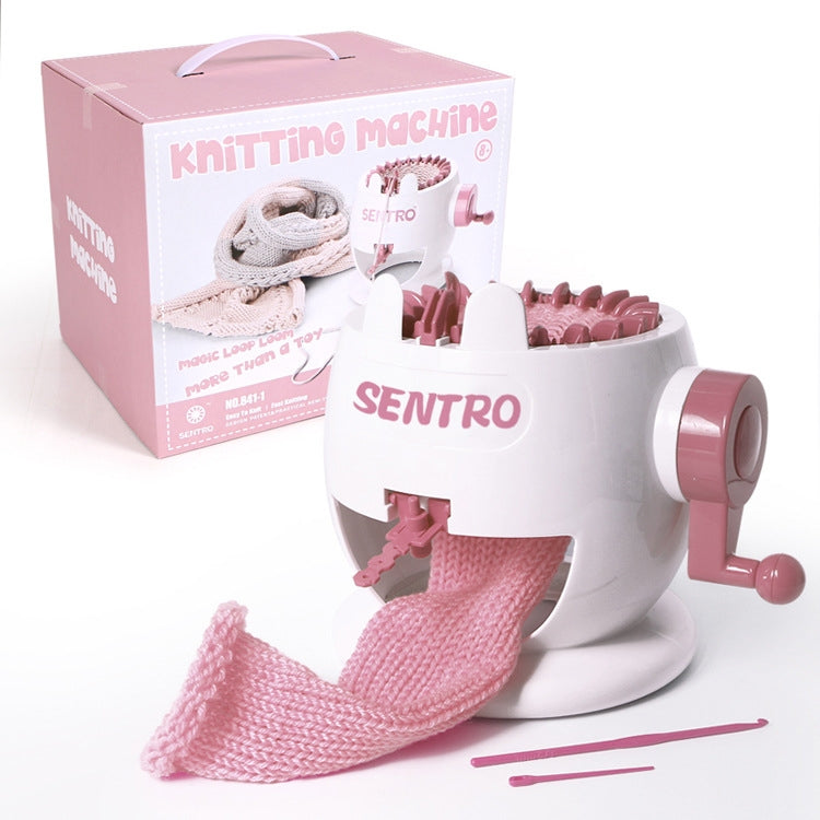 Pink knitting loom toy machine with box packaging and knitted pink fabric