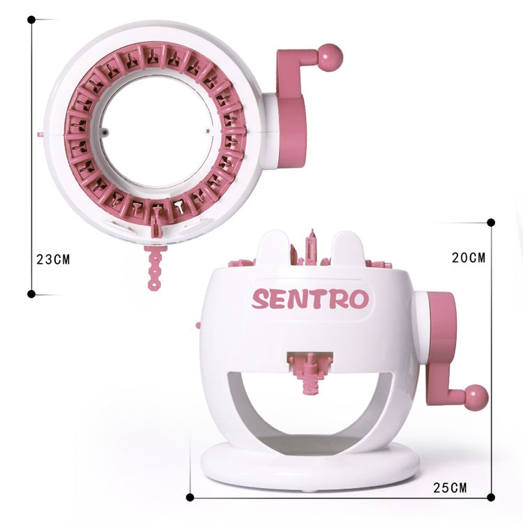 Pink and white knitting loom toy machine with circular ring and manual crank