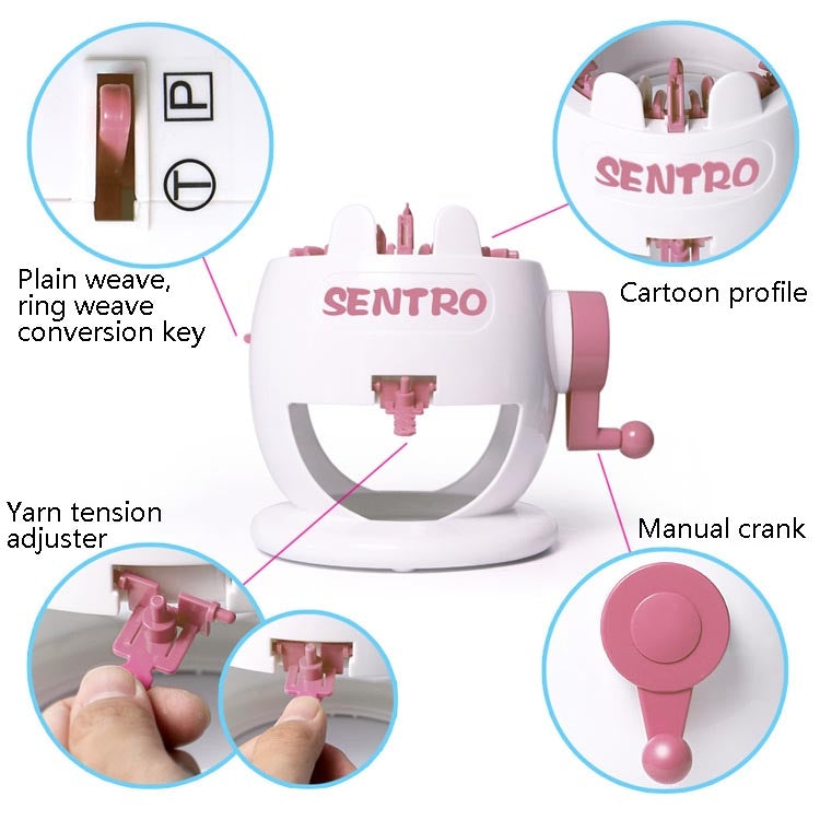 White and pink knitting loom toy machine with manual crank and adjustment parts