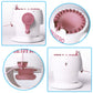 Pink and white knitting loom toy machine with circular yarn ring and crank handle
