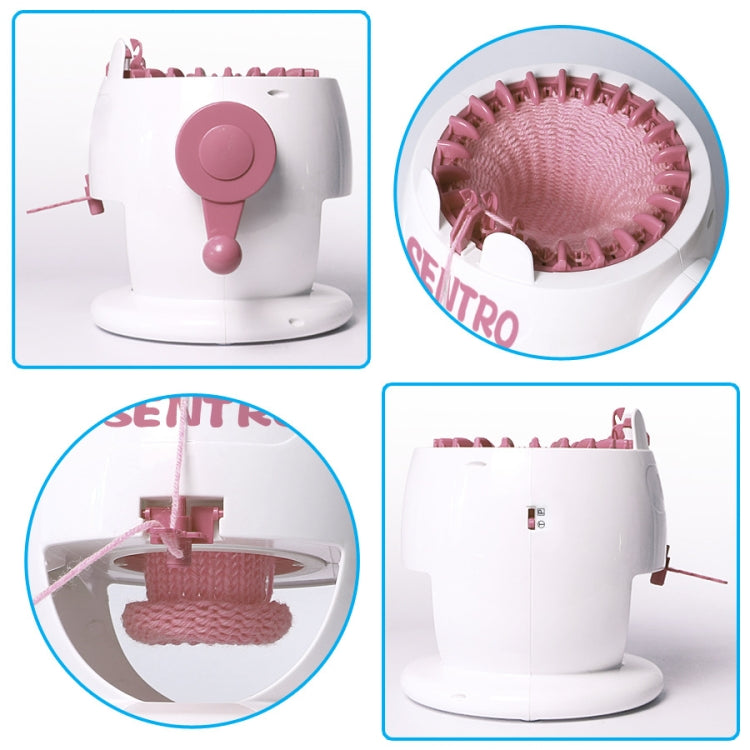 Pink and white knitting loom toy machine with circular yarn ring and crank handle