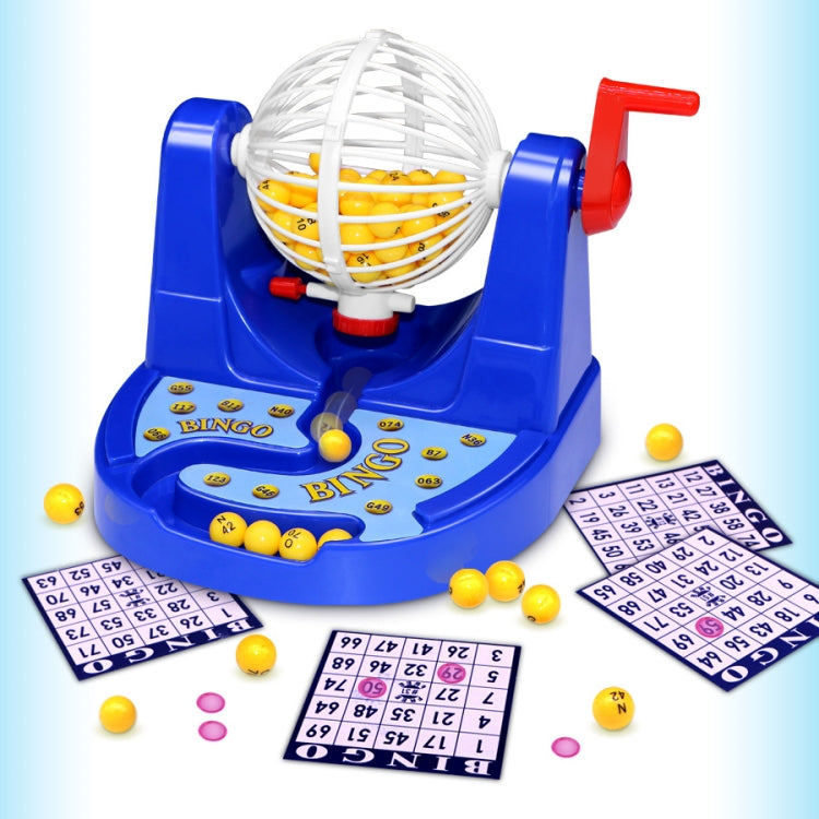 Blue desktop Bingo lottery game with spinning numbered ball drum and yellow balls