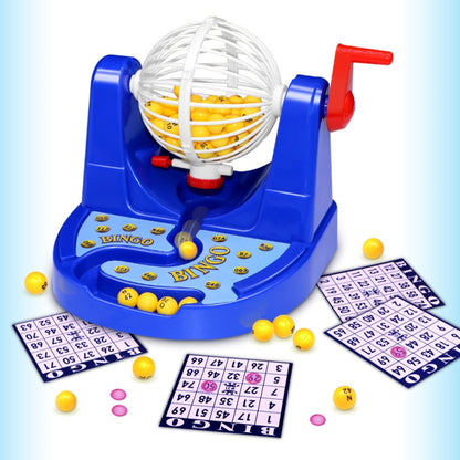 Blue desktop Bingo lottery game with spinning numbered ball drum and yellow balls