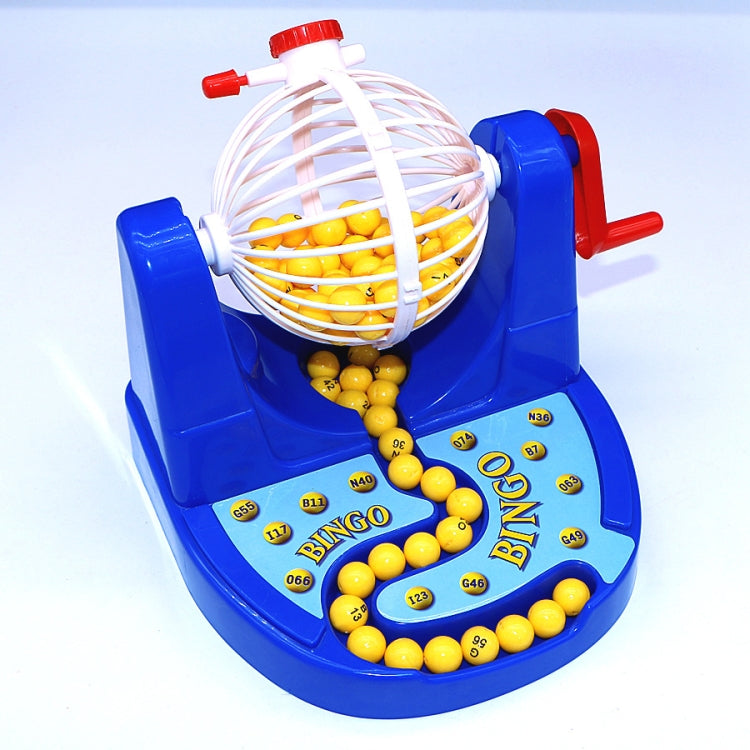 Blue Bingo desktop lottery game with red handle, spinning ball cage, and yellow balls