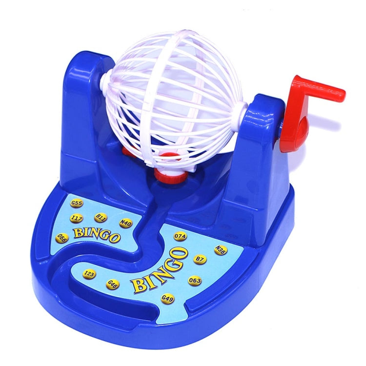 Blue Bingo desktop lottery game showing red lever, spinning ball cage, and yellow balls